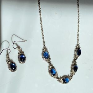 Antique Silver tone and Blue stone necklace and earring set